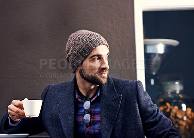 Buy stock photo Thinking, cafe and serious man drinking coffee for breakfast  at cafeteria or restaurant in the morning. Dream, tea cup and person with espresso, latte or planning future at shop with winter fashion