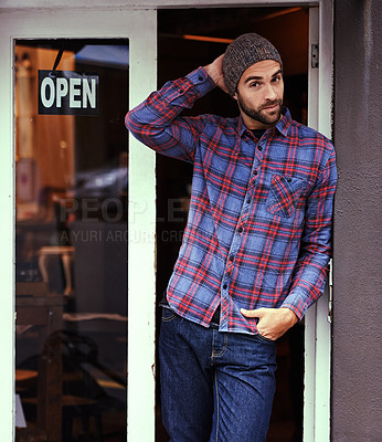 Buy stock photo Confidence, cafe and portrait of man with sign at entrance of restaurant for small business owner. Open, pride and entrepreneur at coffee shop with career in service, hospitality and standing at door