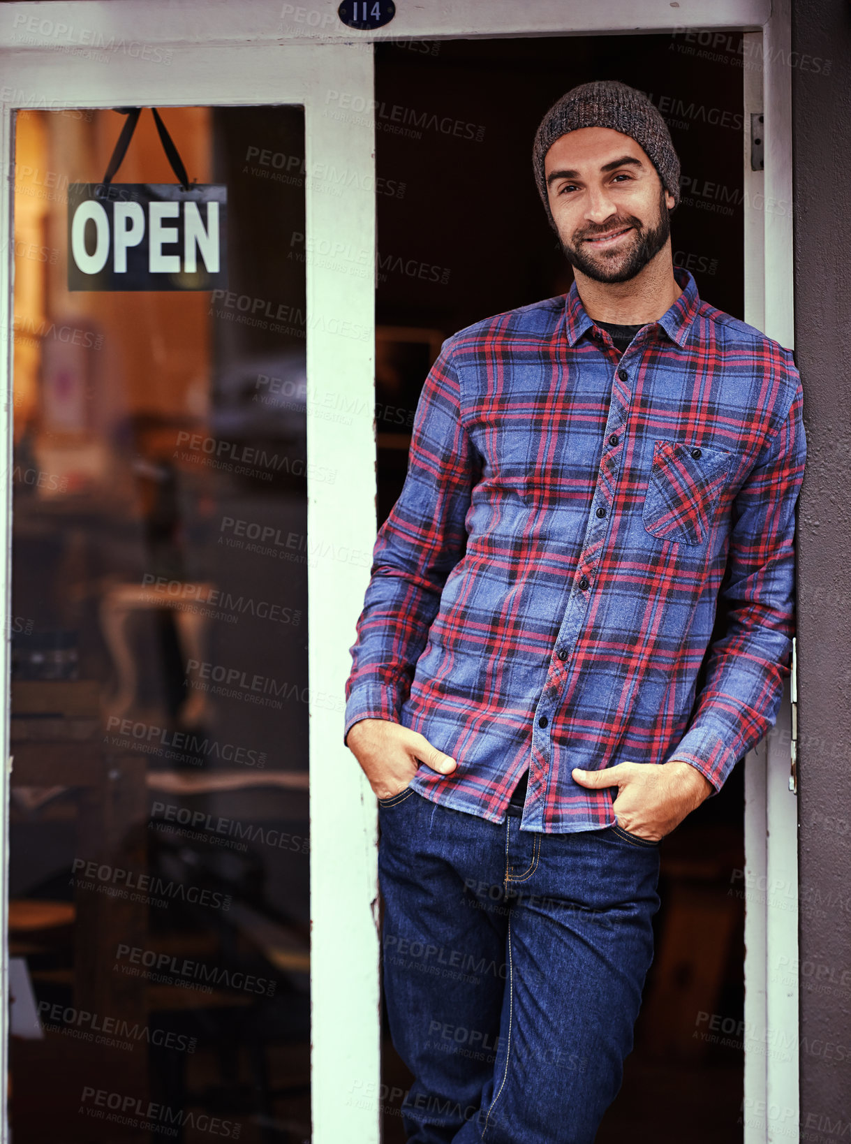 Buy stock photo Open, coffee shop and portrait of man with sign at entrance of restaurant with small business owner. Smile, confidence and entrepreneur at cafe with career in service, hospitality and pride at door