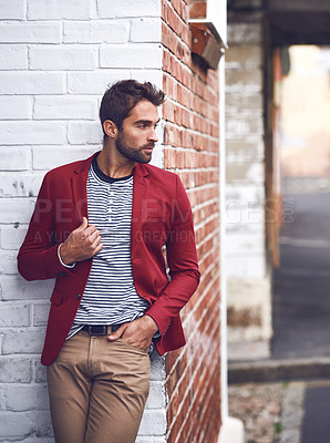 Buy stock photo Fashion, thinking and man in city for travel on vacation, adventure or holiday with confidence. Pride, stylish and person with trendy, cool and casual outfit with ideas in urban town for weekend trip