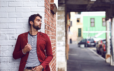 Buy stock photo Fashion, urban and city for male person, wall and outside on sidewalk for street style in autumn. Confident, trendy and contemporary clothing for man tourist, travel and vacation in New York