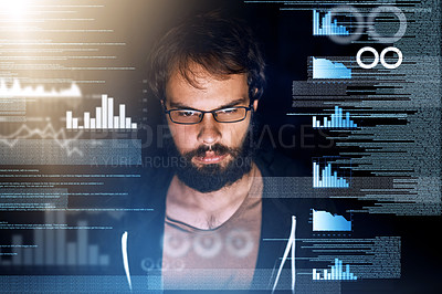 Buy stock photo Man, overlay and programming with coding, data and analysis for cyber security and software development. Male person, programmer and information technology during night for cloud computing database