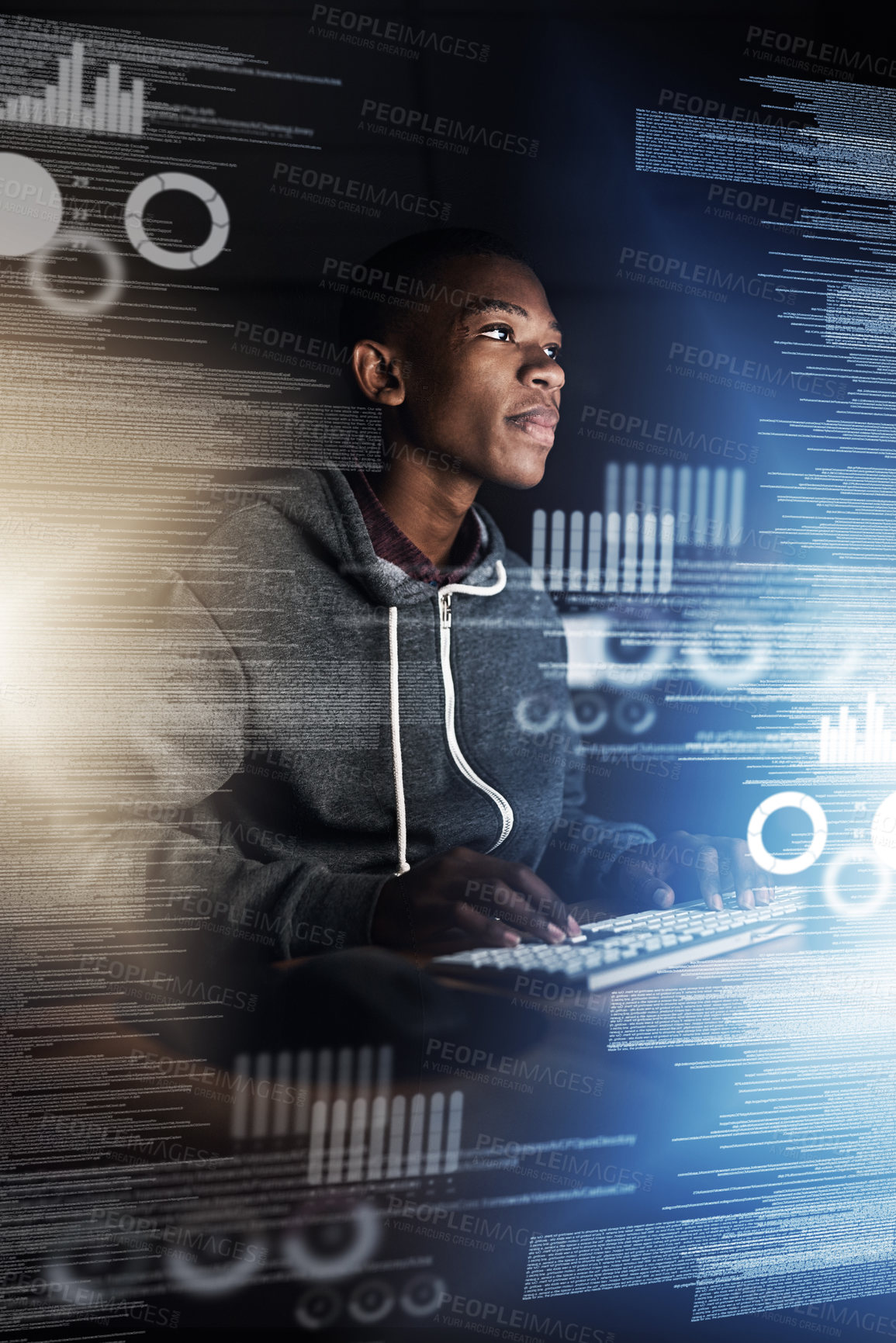 Buy stock photo Black man, developer and night with overlay on computer for data, analytics or future development at office. Young African, male person or programmer working late on technology, hud or dashboard