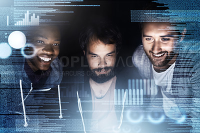 Buy stock photo Business people, data and night with dashboard for future development, analytics or statistics at office. Group of young developers working late on futuristic technology or overlay for performance