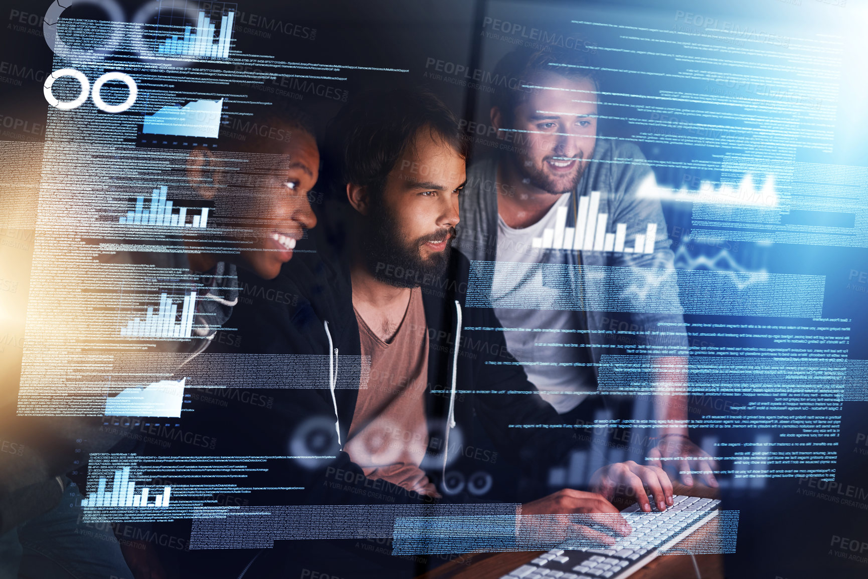 Buy stock photo Cropped shot of young computer programmers working on source code