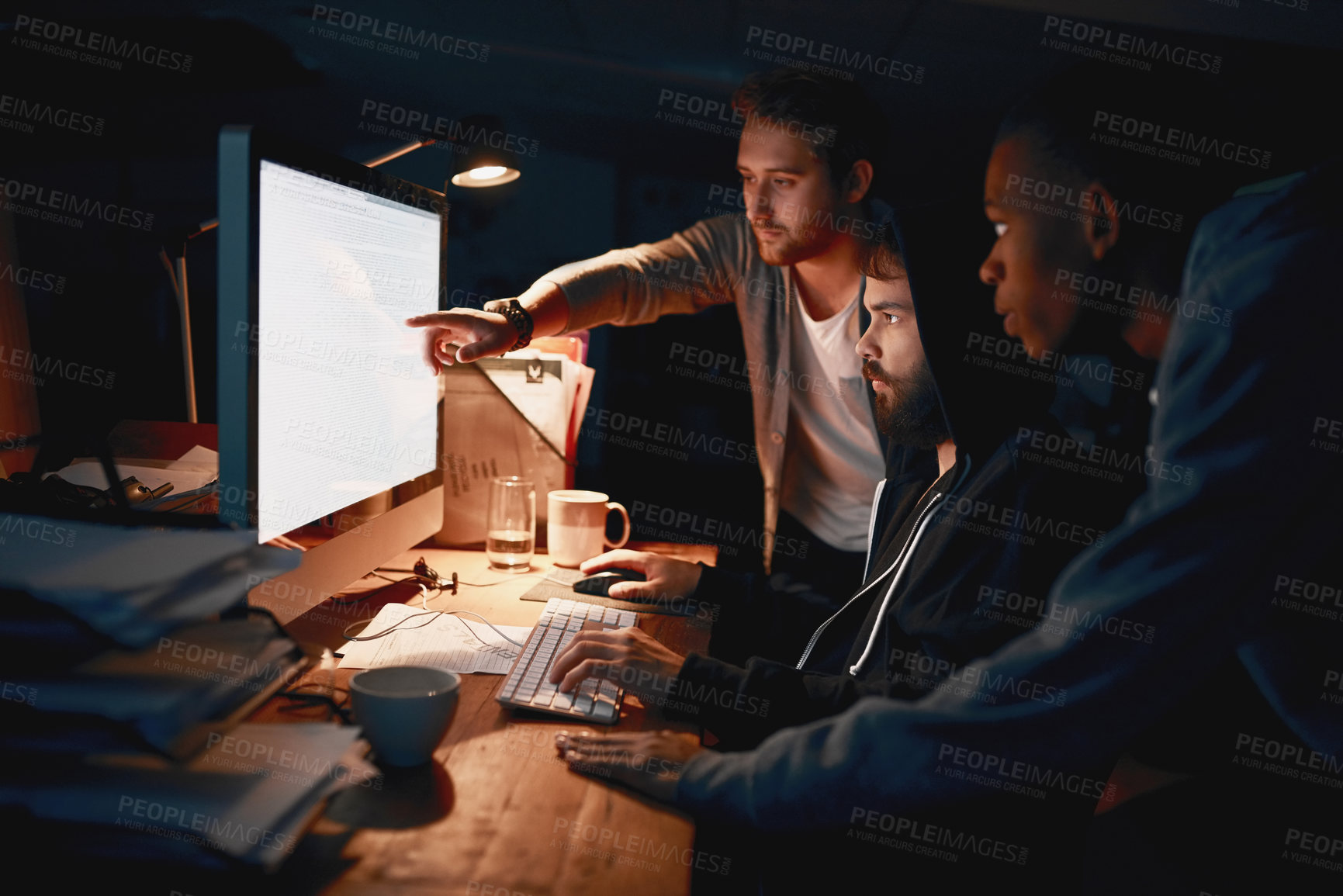 Buy stock photo Web design, men and cyber security with computer for firewall breach, system glitch and collaboration. Programmer, teamwork and database encryption for corporate network protection and virus solution