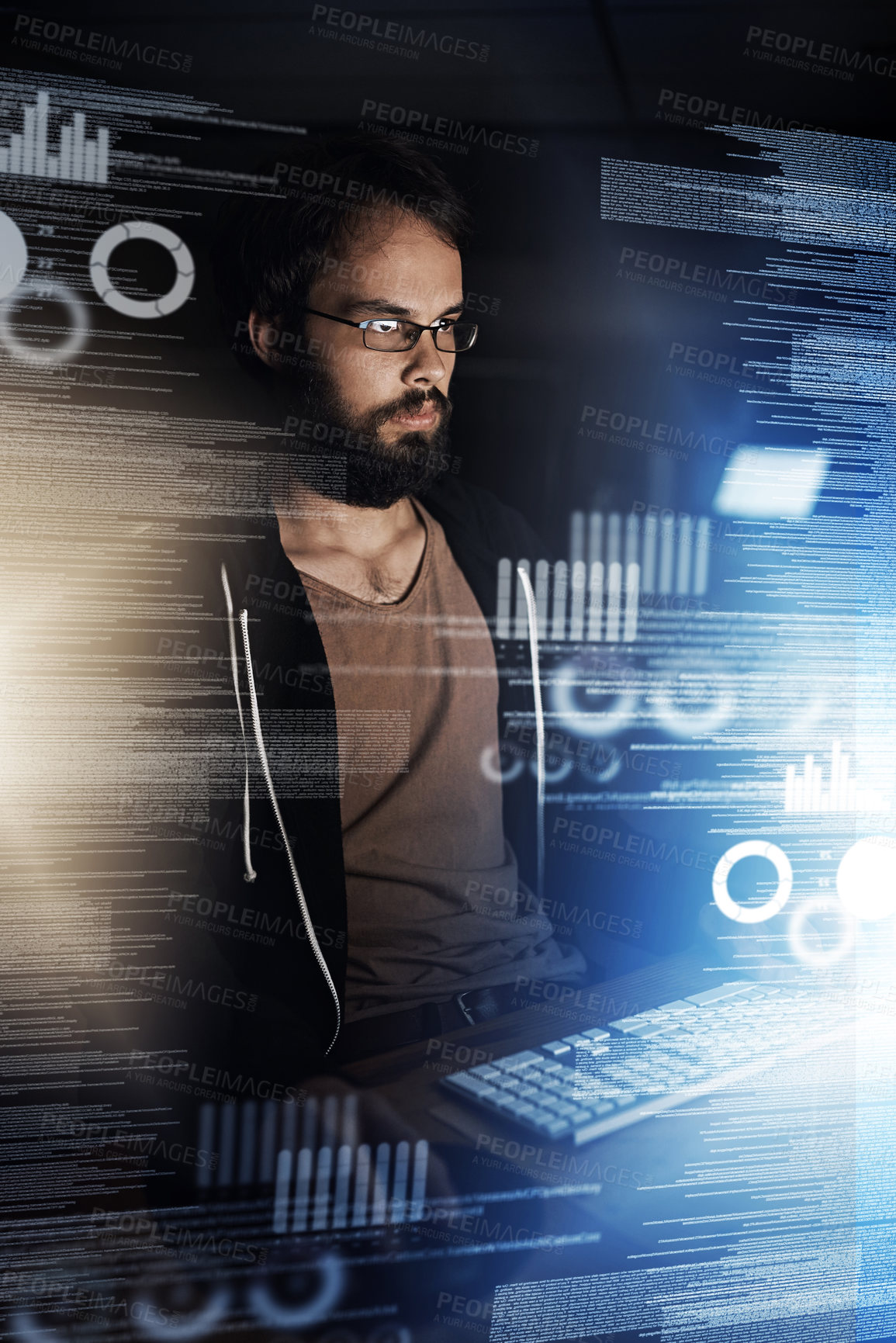 Buy stock photo Young man, data and night with overlay on computer in future development, analytics or statistics at office. Male person or analyst working late on futuristic technology, hud or dashboard in analysis