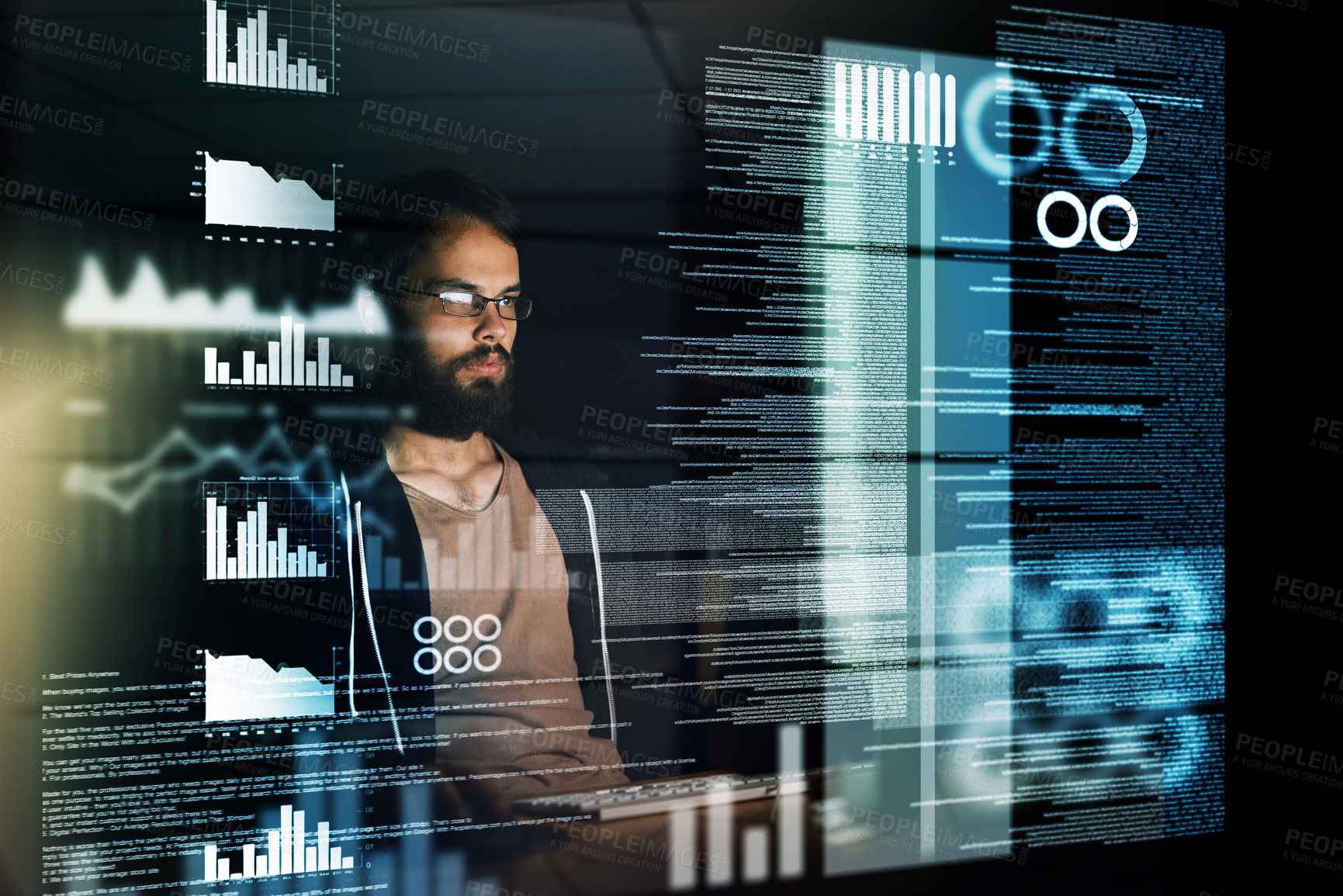 Buy stock photo Man, overlay and programming with coding, software and analysis for cybersecurity and ecommerce development. Male person, programmer and information technology during night for cloud computing data