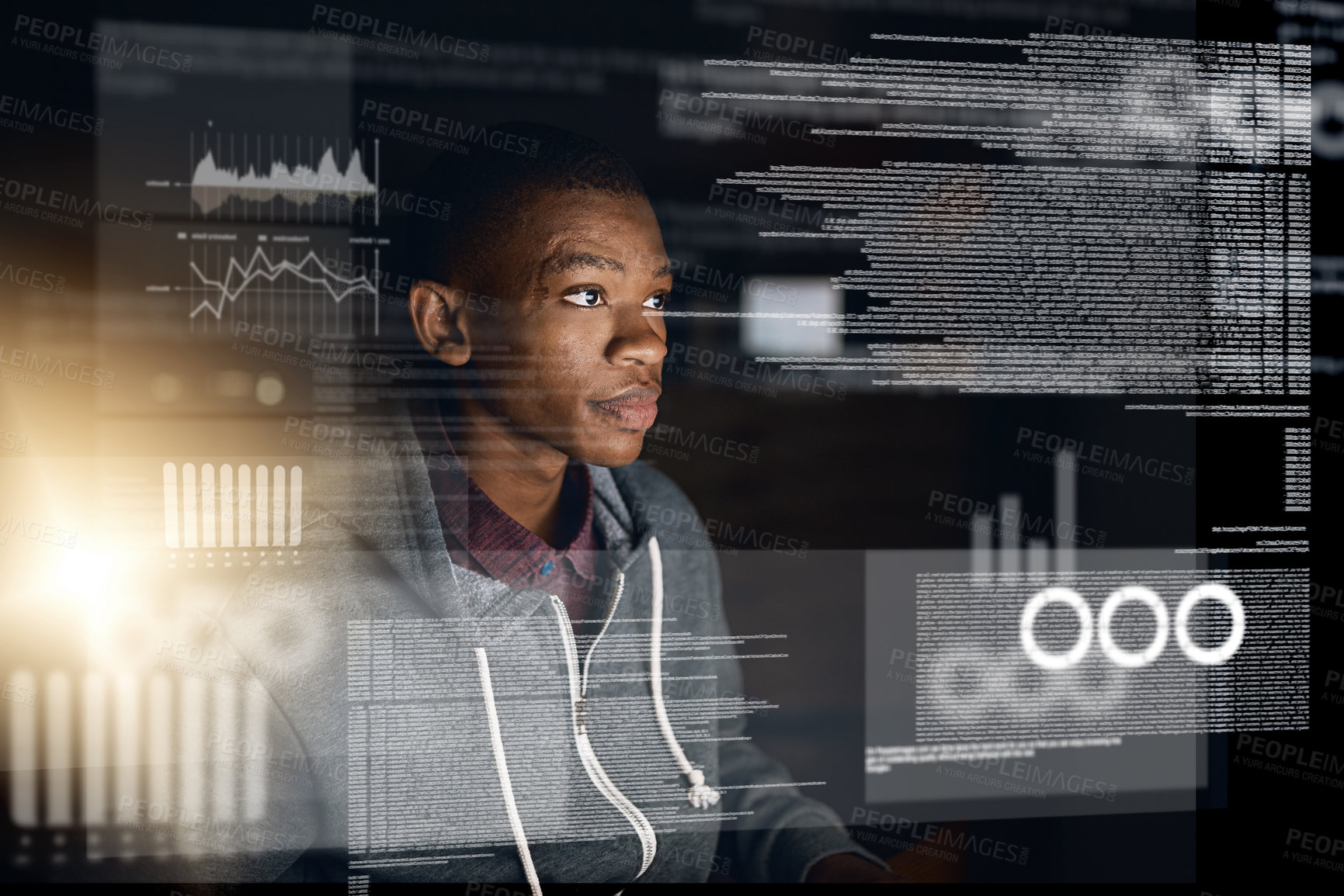 Buy stock photo Cropped shot of a young computer programmer working on source code