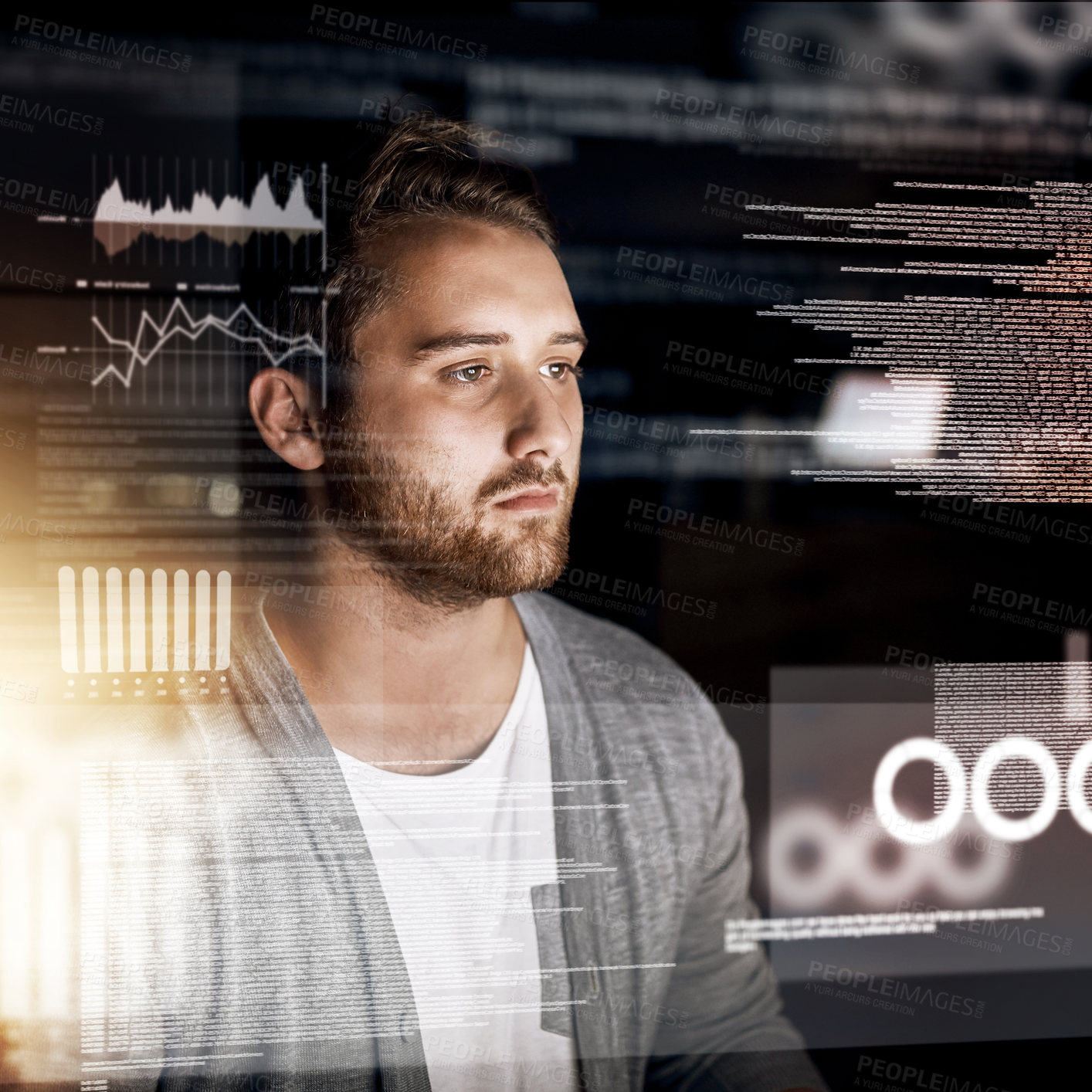 Buy stock photo Cropped shot of a young computer programmer working on source code