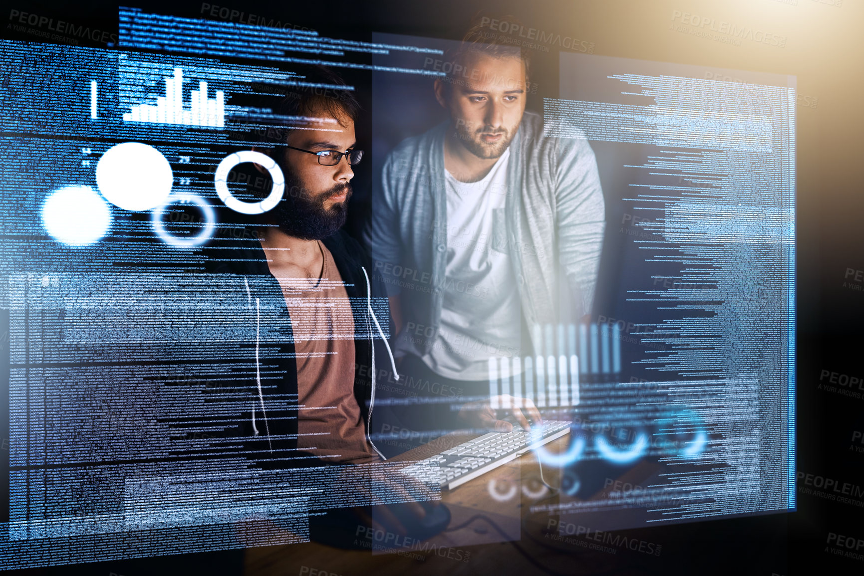 Buy stock photo Cropped shot of young computer programmers working on source code