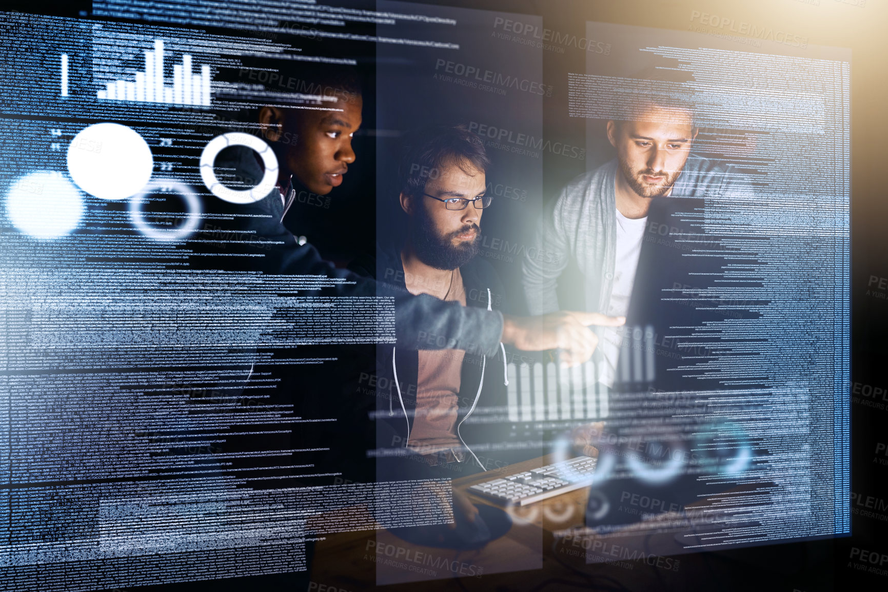 Buy stock photo Cropped shot of young computer programmers working on source code