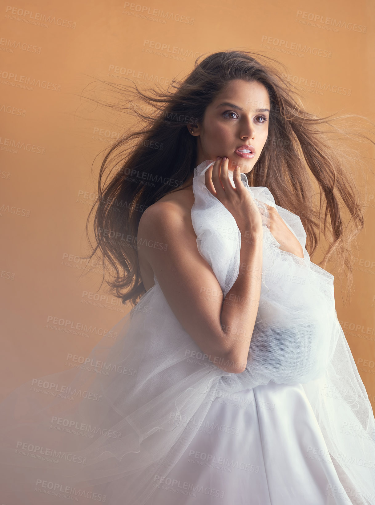 Buy stock photo Shot of a beautiful young woman posing with a ballet skirt in studio