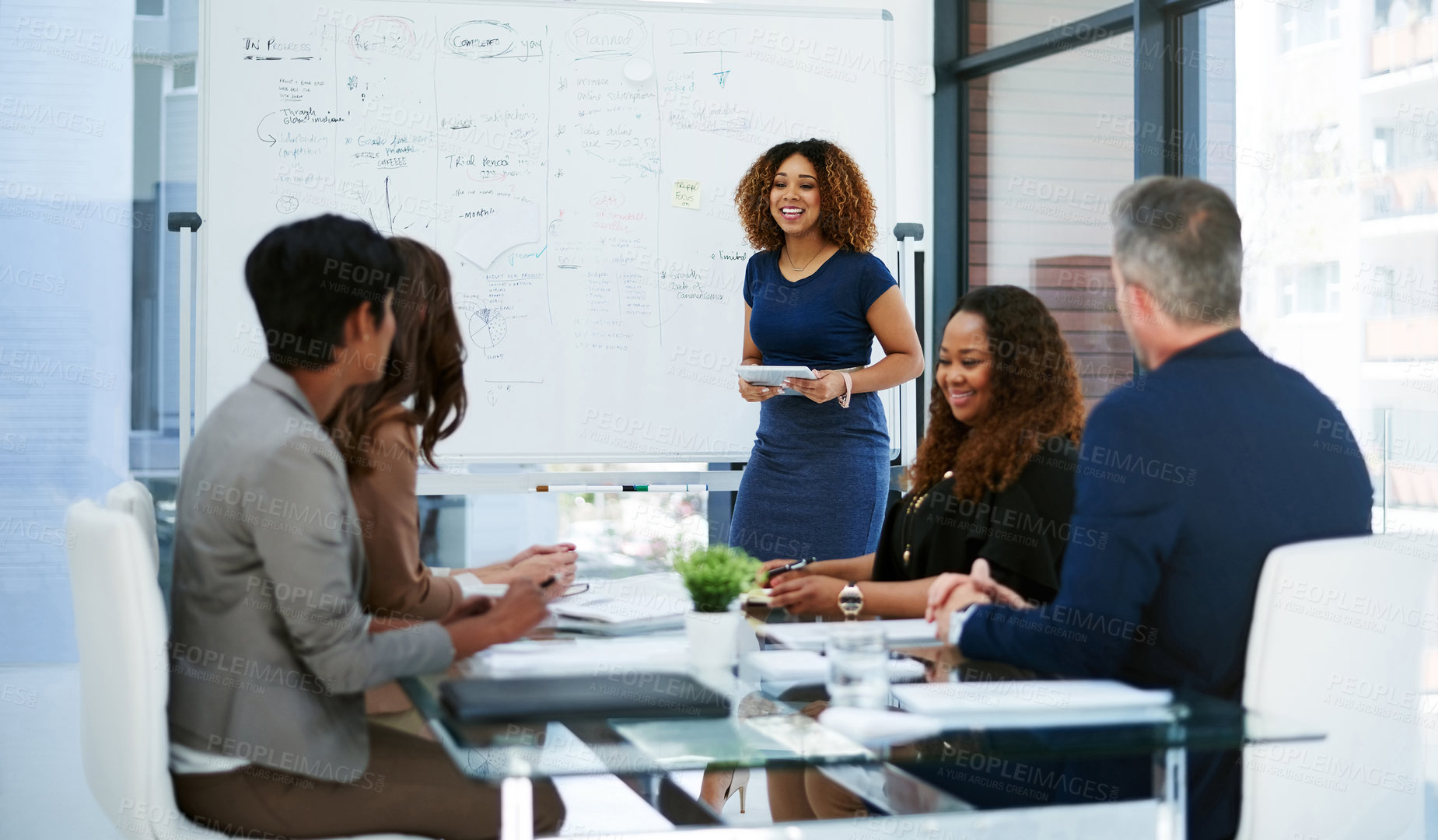 Buy stock photo Business, woman and presentation with staff in office for training, planning and finance report. Speaker, tablet and team listening to coaching advice, brainstorming and budget review for investment