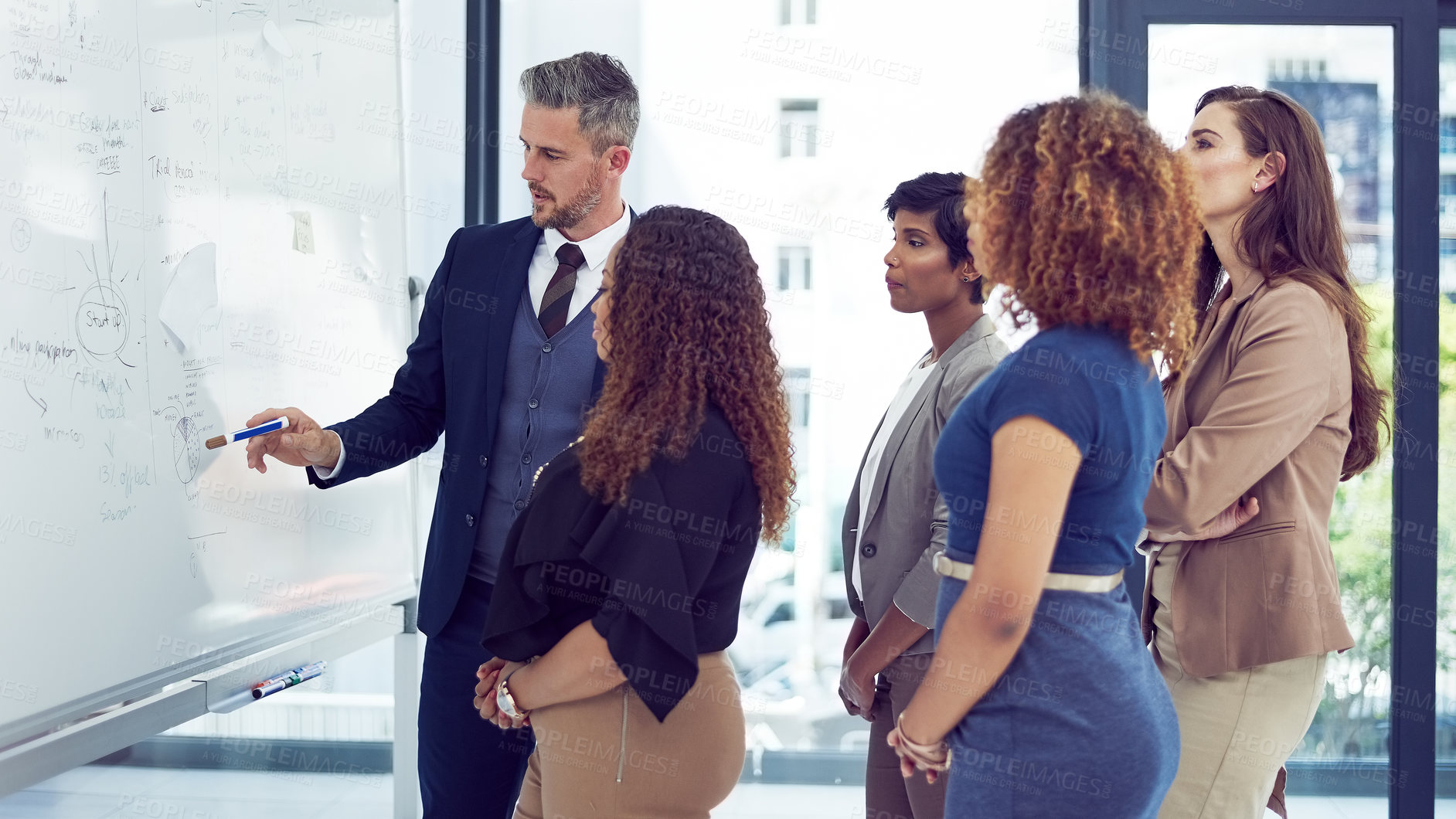 Buy stock photo Whiteboard, planning and business people in office, coaching and brainstorming for strategy report. Employees, mentor and professional in meeting, teamwork or feedback for proposal and sales review