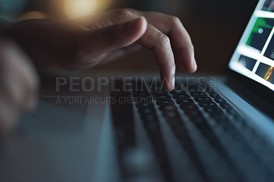 Buy stock photo Hacker, hand and typing on laptop at night as thief for malware, hacking database software or hardware virus of firewall error. Spy, digital and criminal for phishing, cyber crime or privacy risk