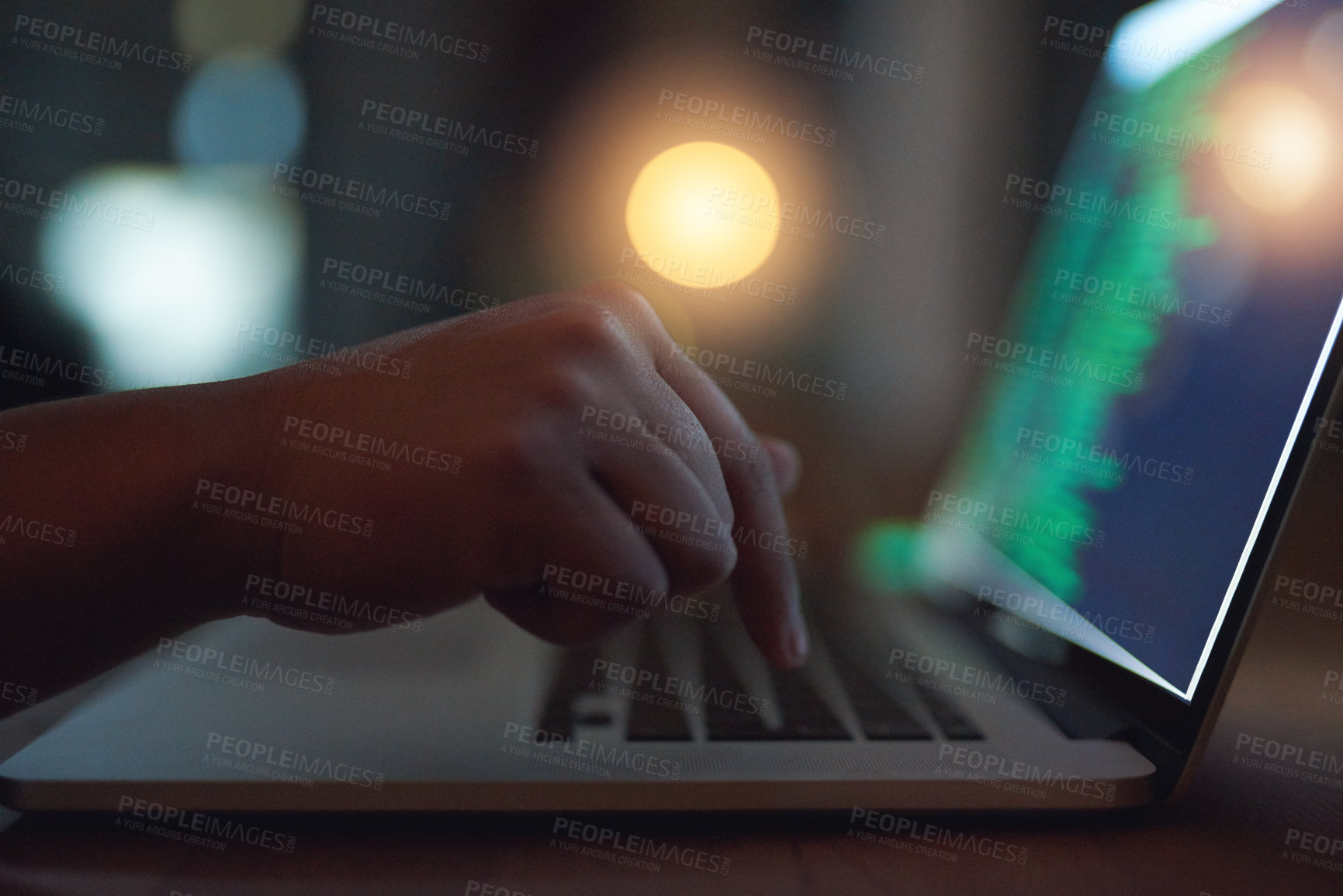 Buy stock photo Hand, coding and hacker on laptop at night as malware thief for hacking database software, hardware virus or firewall error. Spy, typing and criminal danger for phishing, cyber crime or privacy risk