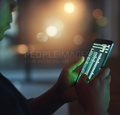 Buy stock photo Hands, code and hacker with phone screen for cyber attack, fraud or data breach with bokeh at night. Mobile, criminal or person hacking network security, virus or programming dark web malware closeup