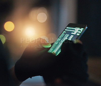 Buy stock photo Hands, phone screen and hacker coding for cyber crime, fraud or data breach with bokeh at night. Mobile, criminal and person hacking network security, virus or programming malware on dark web closeup