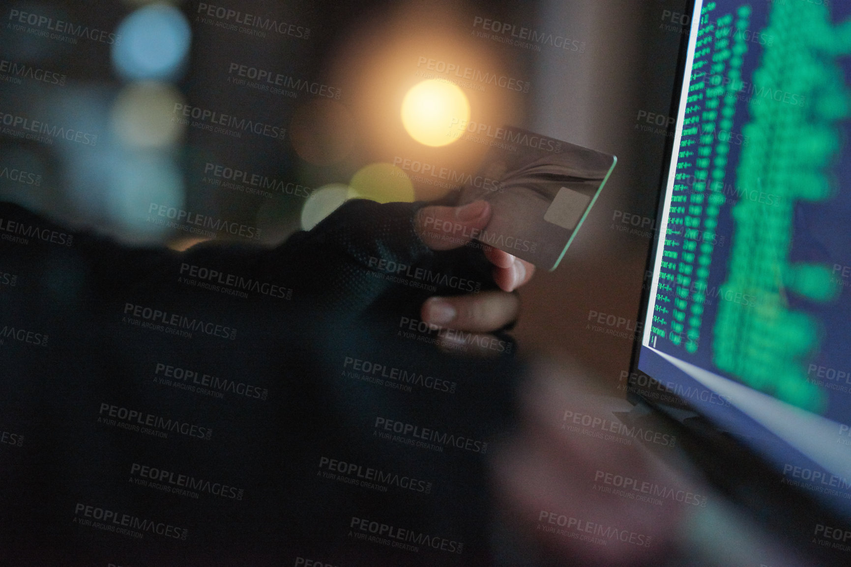 Buy stock photo Theft, hands of a hacker with credit card with a laptop and screen of numbers. Illegal or money laundering payments, cyber security and male person stealing capital from account with online software