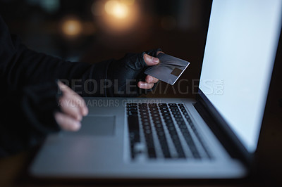 Buy stock photo Credit card, hacker and finance on laptop at night by hacking software database, password or security attack for financial information. Criminal, typing and digital banking fraud for privacy risk
