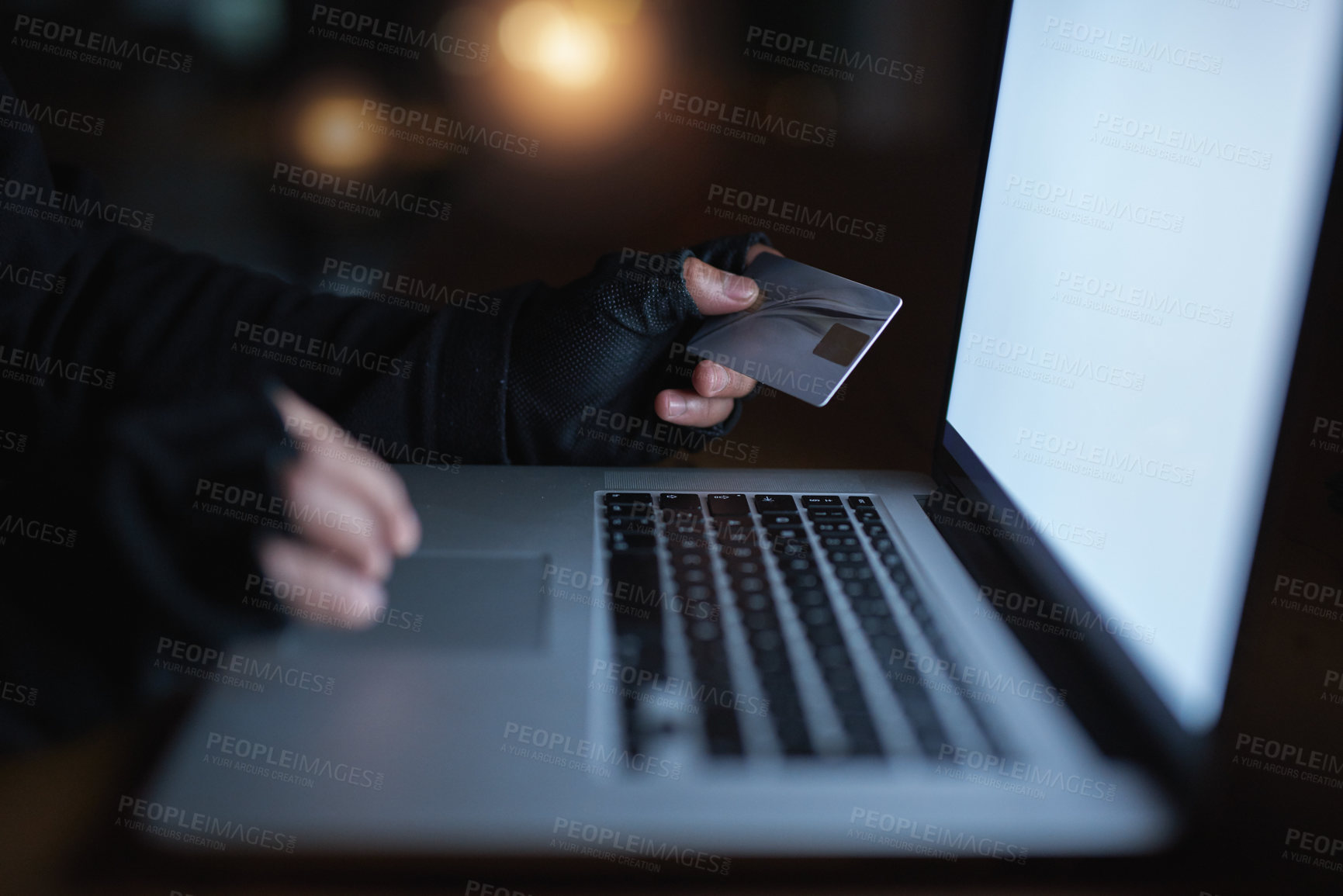 Buy stock photo Credit card, hacker and finance on laptop at night by hacking software database, password or security attack for financial information. Criminal, typing and digital banking fraud for privacy risk
