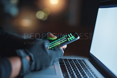 Buy stock photo Hands, phone and hacker on laptop at night for hacking software database, password or virus update. Person, spy and malware of criminal danger by phishing privacy risk for  information cyber attack
