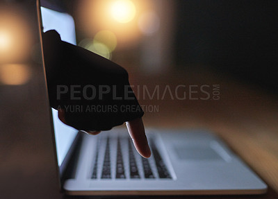 Buy stock photo Hand, laptop and cybercrime with hacker, screen and person with software data analysis. Computer, closeup and pc with firewall system hacking, programming and algorithm writing for malware and coding