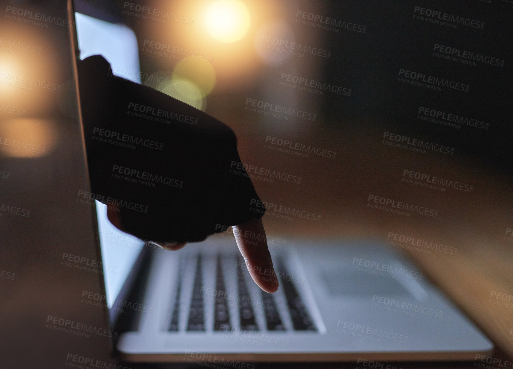 Buy stock photo Hand, laptop and cybercrime with hacker, screen and person with software data analysis. Computer, closeup and pc with firewall system hacking, programming and algorithm writing for malware and coding