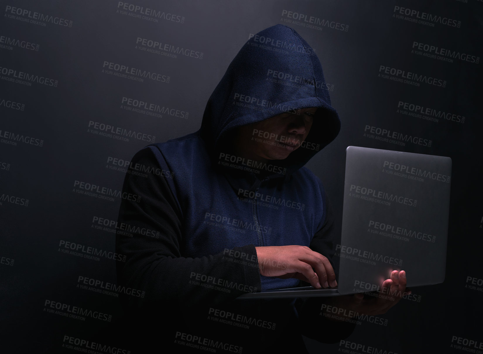 Buy stock photo Network, hacker and man with laptop in studio for cybersecurity, malware and scam on database. Cyber attack, crime and person with technology for fraud, coding risk and ransomware on black background