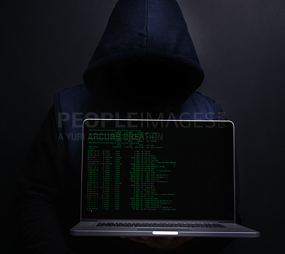 Buy stock photo Laptop, screen and hacker with coding in studio for cyber attack, ransomware or fraud on database. Cybersecurity, person and crime with technology for firewall, hacking or malware on black background