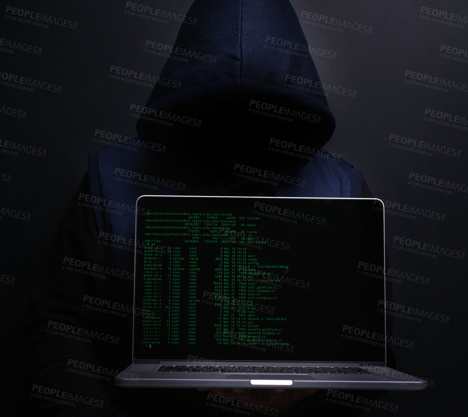 Buy stock photo Laptop, screen and hacker with coding in studio for cyber attack, ransomware or fraud on database. Cybersecurity, person and crime with technology for firewall, hacking or malware on black background