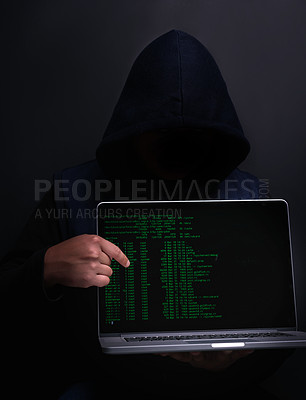 Buy stock photo Laptop, screen and hacker with database in studio for cybersecurity, ransomware or crime in coding. Cyber attack, person and fraud with technology for firewall, malware or hacking on black background