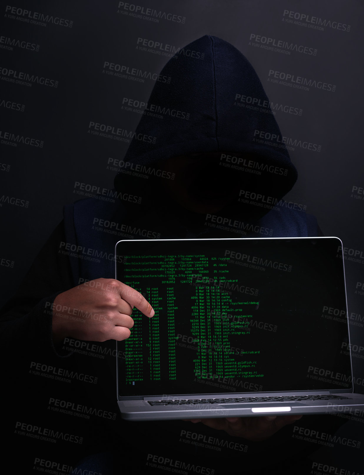 Buy stock photo Laptop, screen and hacker with database in studio for cybersecurity, ransomware or crime in coding. Cyber attack, person and fraud with technology for firewall, malware or hacking on black background