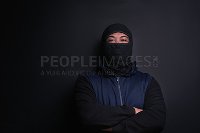 Buy stock photo Man, portrait and mask of robber in studio, burglar and criminal or black background for thief. Male person, balaclava and disguise for bad guy on mockup space, danger and gangster for illegal action