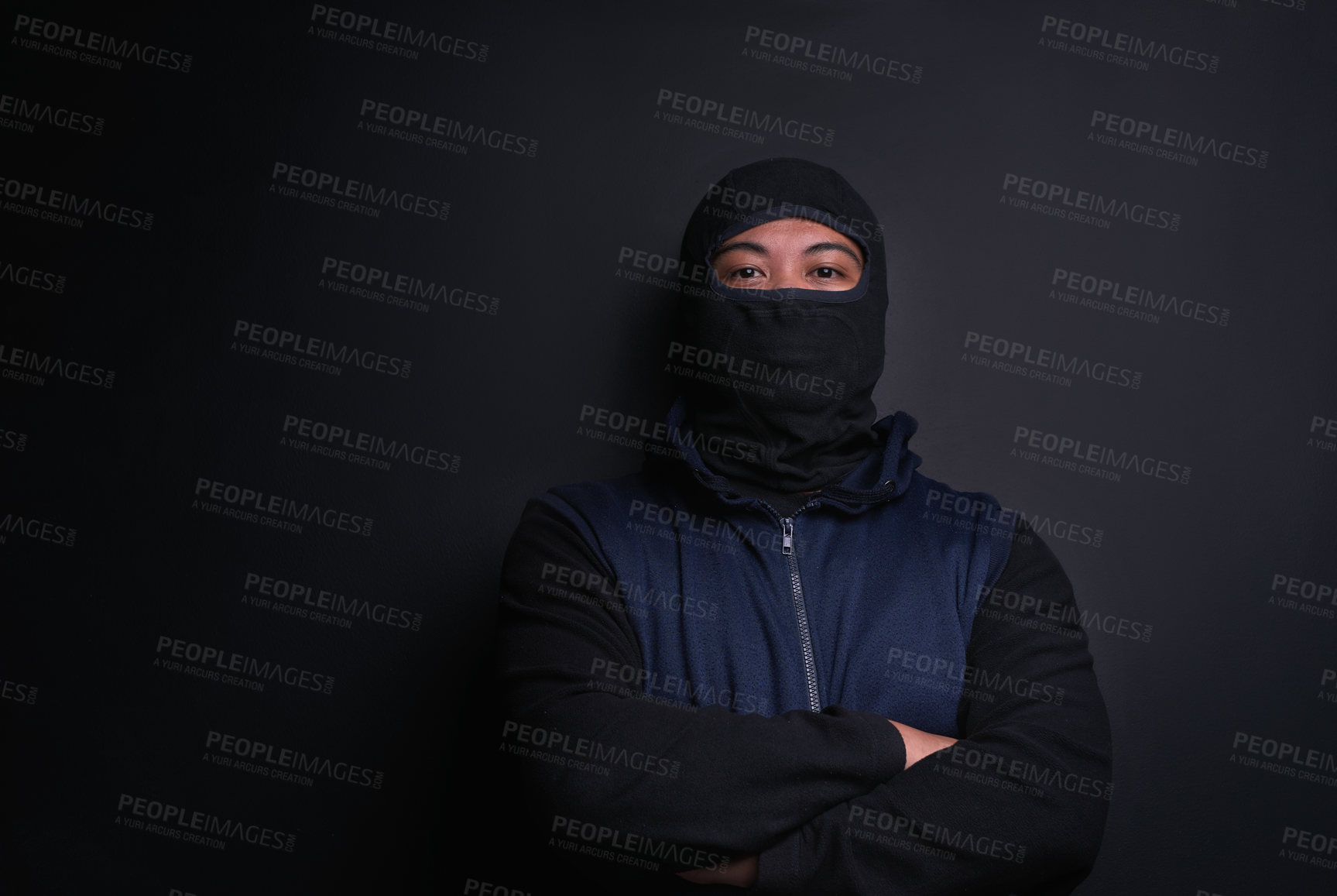 Buy stock photo Man, portrait and mask of robber in studio, burglar and criminal or black background for thief. Male person, balaclava and disguise for bad guy on mockup space, danger and gangster for illegal action