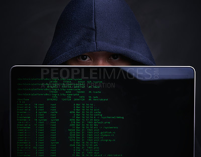 Buy stock photo Laptop, screen and portrait of hacker in studio for ransomware, cyber attack and crime on server. Cybersecurity, fraud and man with technology for coding risk, firewall or malware on black background