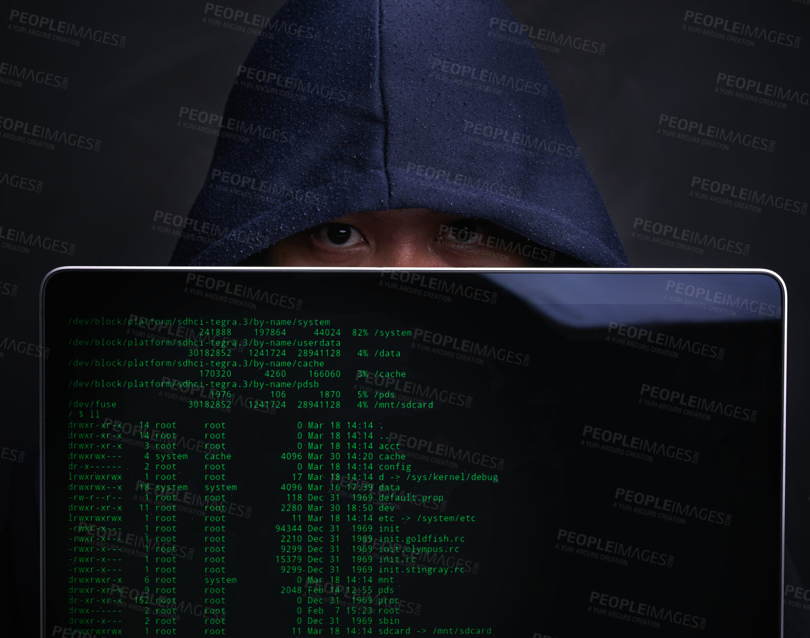 Buy stock photo Laptop, screen and portrait of hacker in studio for ransomware, cyber attack and crime on server. Cybersecurity, fraud and man with technology for coding risk, firewall or malware on black background