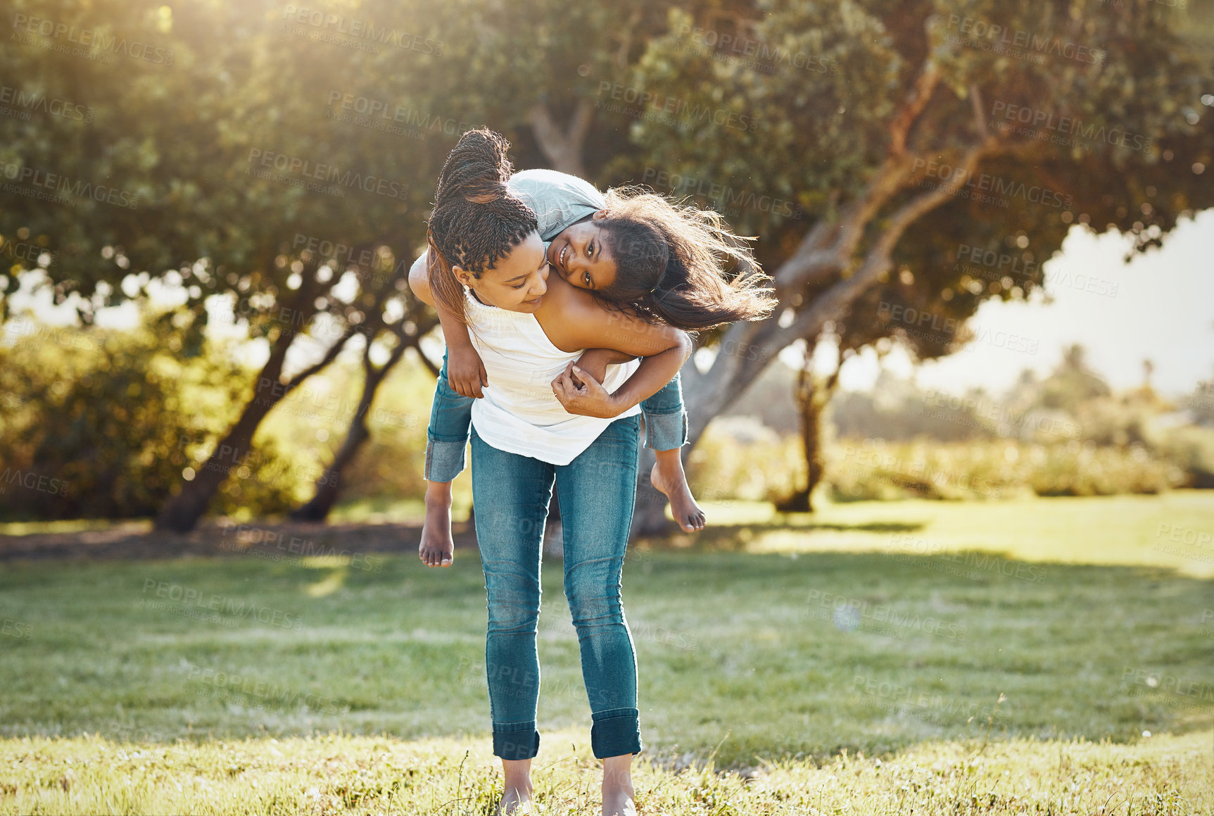 Buy stock photo Park, play and airplane with girl and mother outdoor together with family, nature and bonding in summer. Mom, daughter and love with happy woman and child outside with piggyback game for fun