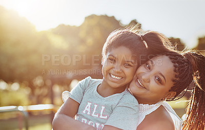 Buy stock photo Woman, young girl outdoor with smile in portrait and love, bonding in park with happiness and care. Relationship, mother and daughter spending quality time together with embrace, affection and family
