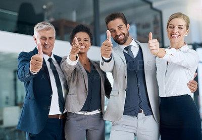 Buy stock photo Portrait, thumbs up or happy business people in agreement, support or collaboration together in office. Community, teamwork or group of proud employees with diversity, yes sign or like hand gesture 