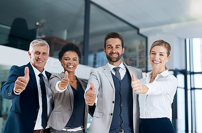 Buy stock photo Portrait, thumbs up or group of business people in agreement, support or collaboration together in office. Community, teamwork or happy employees smile with diversity, yes sign or like hand gesture 
