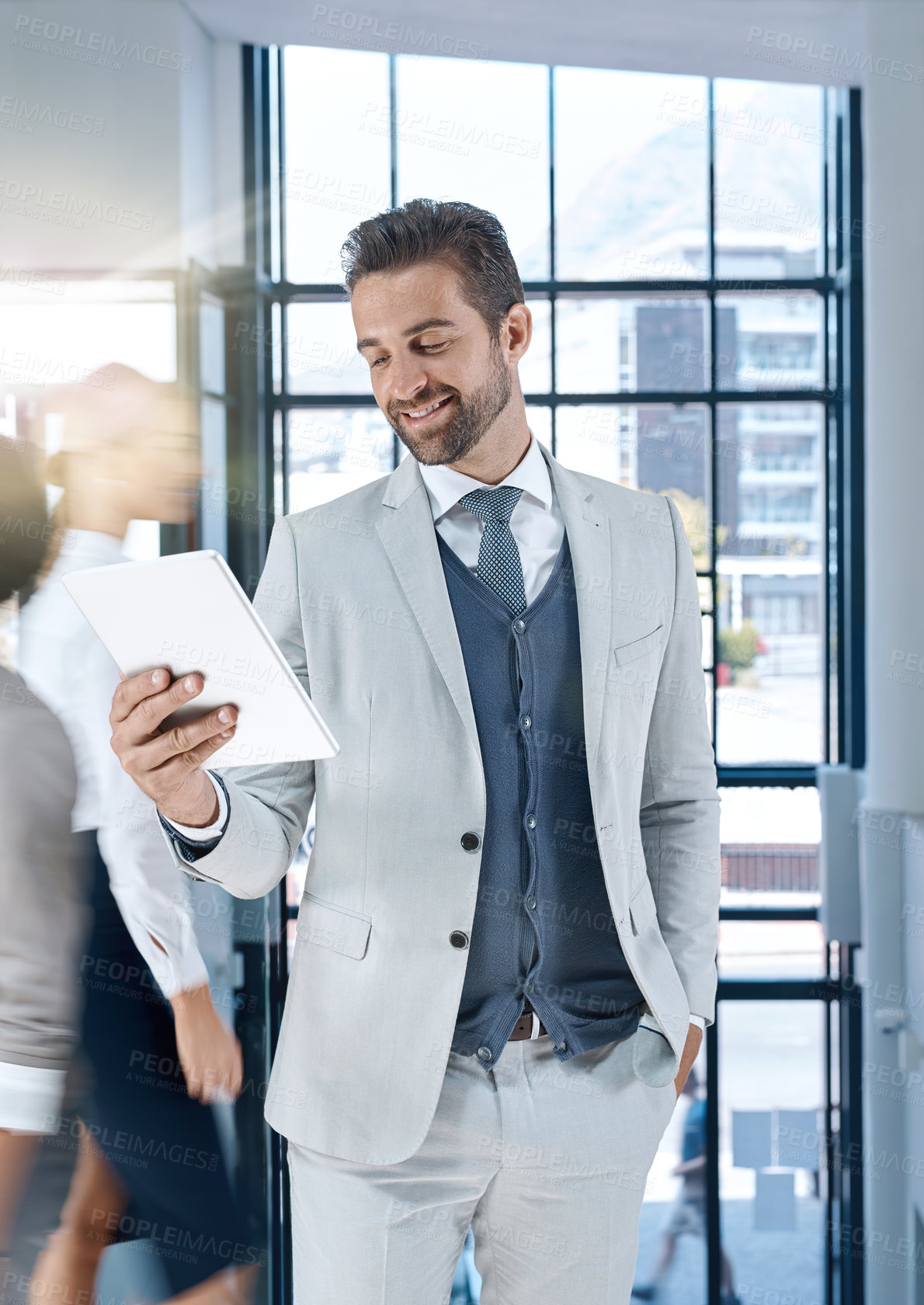 Buy stock photo Happy, email or businessman with tablet networking online for research or report in digital agency. Smile, tech startup or social media manager with app for planning schedule on website in office 