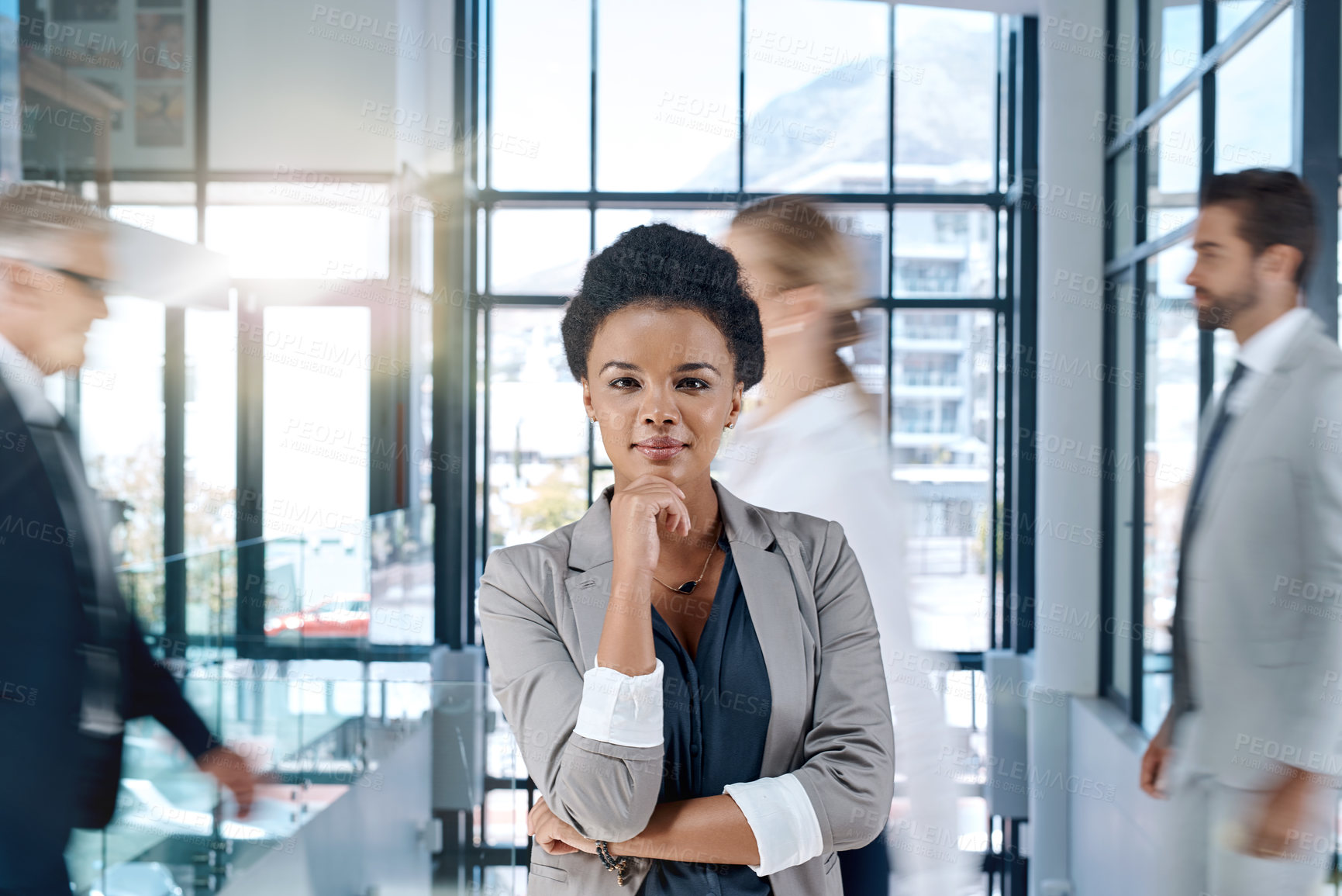 Buy stock photo African, thinking or portrait of business woman with vision in agency, company or busy office. Ideas, confident or proud manager in a professional career problem solving or brainstorming for solution