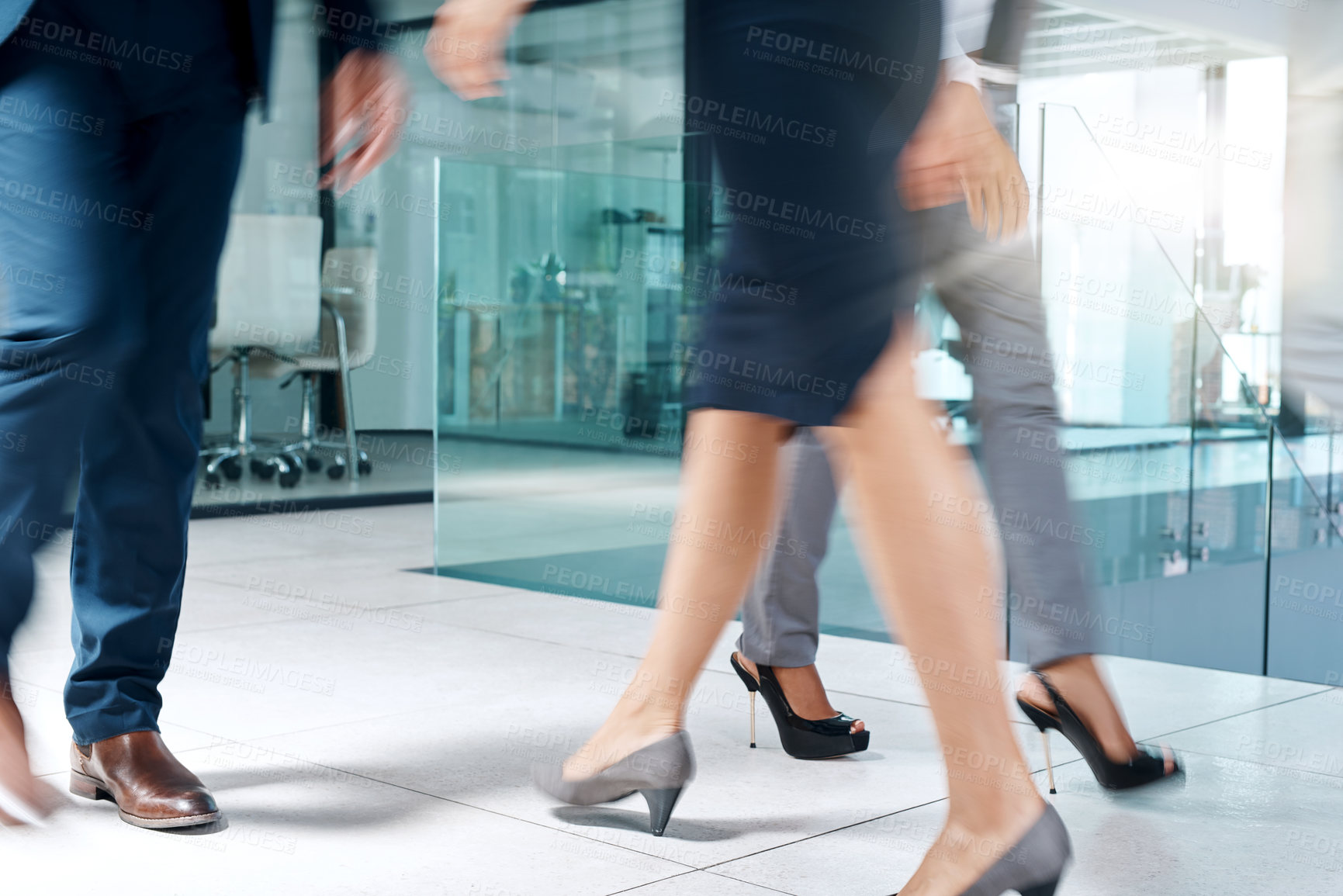 Buy stock photo Business people, busy or legs walking in office in commute to travel together for work or job. Closeup, shoes or group of employees in lobby of workplace with suit, blur or fast and corporate staff