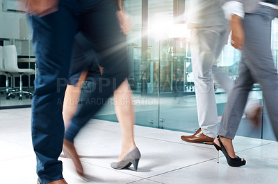 Buy stock photo Business people, travel or legs walking in office in commute to action together for work or job. Motion, shoes closeup or group of workers in lobby of workplace with blur or suit or corporate staff
