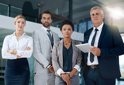 Buy stock photo Teamwork, tablet or portrait of business people in office together in collaboration or company. Diversity, corporate staff or confident employees planning a group mission in meeting or workplace 
