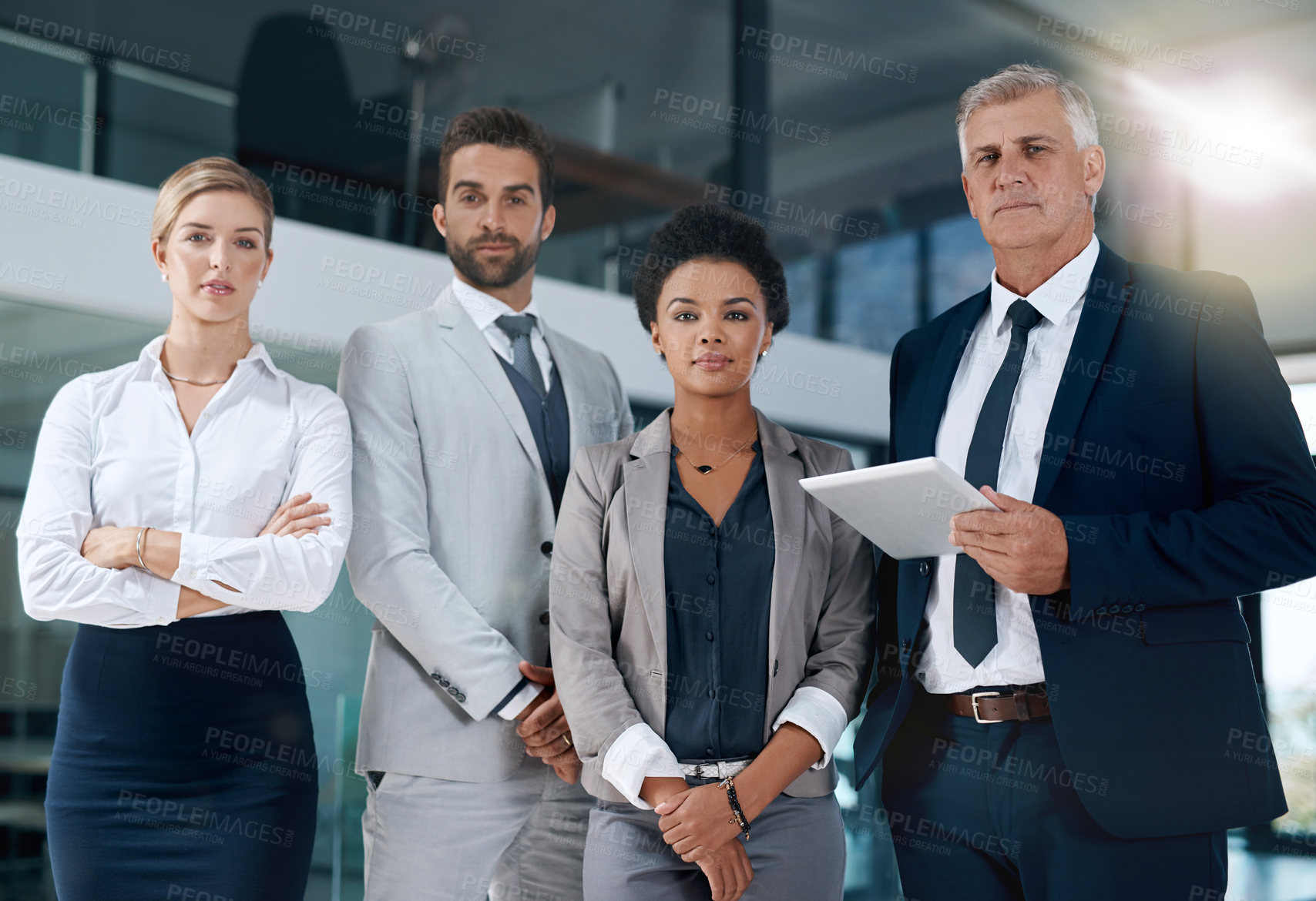 Buy stock photo Teamwork, tablet or portrait of business people in office together in collaboration or company. Diversity, corporate staff or confident employees planning a group mission in meeting or workplace 