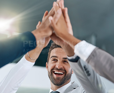 Buy stock photo Happy man, goals or hands of business people high five in celebration of success, target or teamwork. Partnership, smile or excited workers in office for motivation, solidarity or winning a deal 
