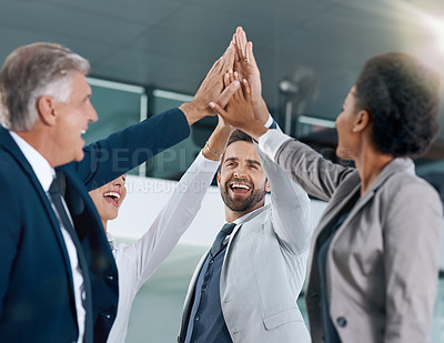 Buy stock photo Group, success or happy business people high five in celebration of goals, target or teamwork. Partnership mission, smile or excited workers in office for motivation, solidarity or winning a deal 